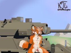 2024 anthro balls blue_eyes canid canine cheek_tuft chest_tuft facial_tuft fluffy fluffy_tail fox fur gaijin_entertainment genitals hair half-erect kristhelynx male mammal nude penis sitting smile solo tail text tuft vehicle war_thunder