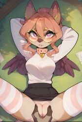 1girls ai_generated anthro bottomless collar crispytyph ear_piercing exposed_pussy grabbing_pussy hazel_(typh) heart-shaped_pupils kixainsfw looking_at_viewer outdoors pussy skirt stockings typh wings