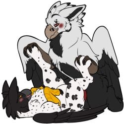 avian balls beak blush duo feathered_wings feathers feet feral genitals gryphon inflation mythological_avian mythological_creature mythology penis red_eyes symrea talons telegram_sticker toes white_body wings yellow_eyes