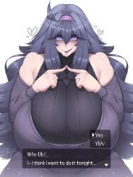 1girl asking_for_sex bare_shoulders big_breasts blue_eyes blue_hair breasts breasts_bigger_than_head coolpsyco106 dialogue embarrassed embarrassed_female female female_only goth goth_girl hex_maniac huge_breasts large_breasts long_hair married_woman milf pale-skinned_female pale_skin pokemon purple_dress purple_lipstick purple_nails shy shy_girl speech_bubble sweat sweaty talking_to_viewer text_box touching_fingers wedding_ring white_background