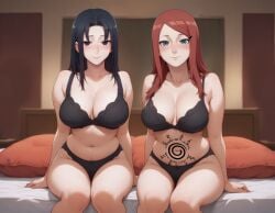 2girls ai_generated alternate_breast_size areolae big_breasts black_eyes black_hair blue_eyes blue_hair blush body_markings bra breasts cleavage clothed completely_naked completely_nude completely_nude_female female female_focus female_only hi_res highres indoors large_areolae large_breasts legs light-skinned_female light_skin livein long_black_hair long_hair long_red_hair looking_at_viewer markings mature mature_female midriff milf multiple_girls nai_diffusion naked naruto naruto_(classic) naruto_(series) naruto_shippuden nipples not_porn nude nude_female pale-skinned_female pale_skin panties red_hair shounen_jump sitting sitting_on_bed stable_diffusion standing take_your_pick thighs uchiha_mikoto underwear uzumaki_kushina very_long_hair voluptuous