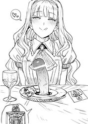 :q ascot bar_censor blush censored erection eyebrows_visible_through_hair female frilled_shirt_collar frills greyscale half-closed_eyes heart highres idolmaster licking long_hair monochrome naughty_face penis pointless_censoring saliva shijou_takane short_sleeves simple_background sketch solo_focus speech_bubble spoken_heart tongue tongue_out tsurui upper_body veins veiny_penis white_background