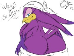 ass avian bandana beak bird blue_eyes bottomwear chrono-fur clothing female genitals kerchief pants pussy sega smile solo sonic_(series) sonic_riders sonic_the_hedgehog_(series) tail text third-party_edit undressing wave_the_swallow