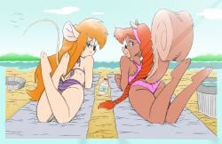 2girls anthro ass beach bikini chip_'n_dale_rescue_rangers darkbunny666 disney female female_only furry gadget_hackwrench mouse ocean one-piece_swimsuit pink_one-piece_swimsuit pink_swimsuit sea shoxxe squirrel striped_bikini striped_swimsuit swimsuit tagme tammy_squirrel water