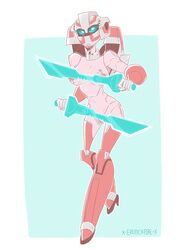 1girls 2d arcee arcee_(tfa) areolae artist_name big_breasts blue_eyes breasts built-in_high_heels busty color covered_nipples covering curvy curvy_body curvy_female curvy_figure curvy_hips drawn face_plate female female_only high_heels looking_at_viewer mask masked pink_body pink_nipples robot robot_girl solo solo_female sword swords transformers transformers_animated weapon weapons xgemfirex