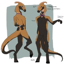 dinosaur female flat_chested hadrosaurid handcuffs hi_res hooves model_sheet paintdog_(artist) parasaurolophus reptile scalie shackles