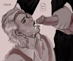 2boys androgynous azami_(kagurabachi) black_and_white blonde_male blowjob clothed_sex cum_in_mouth english_text face_closeup gay kagurabachi the4e togo_shiba yaoi