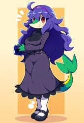 absurd_res ai_generated anthro breasts clothing dress female footwear generation_5_pokemon hair hellsonger hi_res long_hair looking_at_viewer nintendo pokemon pokemon_(species) purple_hair red_eyes shoes simple_background smile snex_maniac snivy solo sweater yellow_background