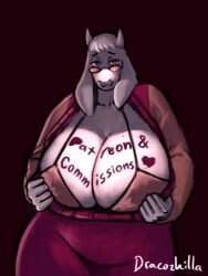 advertisement anthro big_breasts blush boss_monster_(undertale) breasts clothing clothing_pull dracozhilla eyewear female glasses hi_res humanoid light lighting slightly_chubby solo text toriel undertale_(series) url