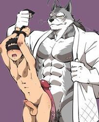 2019 41raco 5_fingers abs anthro anthro_on_human anthro_on_male balls big_dom_small_sub black_nose canid canine canis domination duo erection fur gay grey_fur hands_above_head hi_res hiroyuki_(morenatsu) human human_on_anthro interspecies kirupi larger_male male male_domination male_on_anthro male_only mammal morenatsu multicolored_fur muscular muscular_male nipples open_mouth pecs penis penis_size_difference purple_background scar simple_background size_difference smaller_male submissive submissive_male sweat ten_kodori two_tone_fur vein veiny_penis white_fur wolf yaoi yellow_eyes