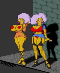 2girls alley big_breasts breasts cigarette clothing dark_skin ear_piercing female female_only high_heels hooker hourglass_figure human legwear light_blue_hair lipstick maxtlat multiple_girls nipples outdoors patty_bouvier selma_bouvier skimpy skimpy_clothes smoking the_simpsons yellow_skin