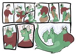 absurd_res anonymous_artist anthro balls bottomless clothed clothing comic dragon feet fully_clothed genitals green_body green_scales hi_res human humanoid humanoid_feet male mammal mythological_creature mythological_scalie mythology plantigrade reptile scales scalie sequence solo sweater topwear transformation