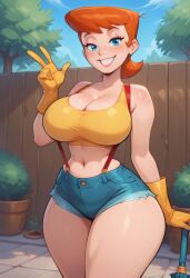 1girls ai_generated big_breasts blue_eyes breasts cleavage cosplay dexter's_laboratory dexter's_mom female jakespicer34 looking_at_viewer mature mature_female milf misty_(cosplay) orange_hair outdoors outside peace_sign short_shorts shorts solo standing thick_thighs thighs top topwear v v_sign