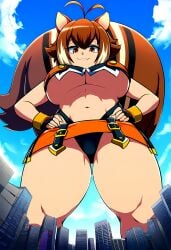 ai_generated blazblue city cityscape giantess giga_giantess hands_on_hips looming looming_over low-angle_view macro macro_female makoto_nanaya micro micro_on_macro smug smug_face smug_grin squirrel squirrel_ears squirrel_girl squirrel_humanoid squirrel_tail underboob