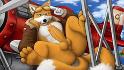 abs aircraft airplane anthro anus ass balls barefoot blue_eyes bottomless canid canine claws clothed clothing cloud erection eyewear fox fur gloves goggles humanoid_penis jacket looking_at_viewer male male_only mammal manly mostly_nude muscular muscular_male outside pecs penis presenting presenting_anus presenting_hindquarters presenting_penis sea sega sitting smile solo sonic_(series) spread_legs spreading tails toe_claws topwear uncut vein veiny_penis video_games water whiskers ximorexx