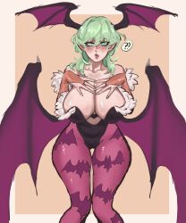 1girls alternate_costume big_breasts breasts byleth_(fire_emblem) byleth_(fire_emblem)_(female) cleavage confusion cosplay crossover darkstalkers female female_only fire_emblem green_eyes green_hair hands_on_own_chest head_wings huge_breasts large_breasts leotard medium_hair miasmamaiden morrigan_aensland_(cosplay) nintendo pantyhose solo succubus wide_hips wings