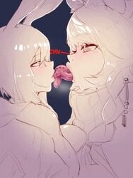 2girls amiya_(arknights) animated arknights blush bunny_ears drawn extreme_french_kiss female french_kiss french_kissing kissing love monochrome monster_girl multiple_girls pramanix_(arknights) saliva size_difference tongue tongue_out victim_alice yuri