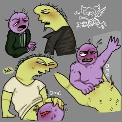 ass blush gay gay_sex gnarly_(smiling_friends) grim_(smiling_friends) hairy hairy_ass homonculus oldmeatcurtains oral_sex purple_skin smiling_friends sweat yellow_skin