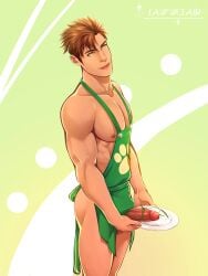 alex_mullner apron apron_lift apron_only brown_hair food green_eyes holding_object holding_plate lawwclair looking_at_viewer male male_only plate smirk smirking smirking_at_viewer solo solo_male spiky_hair stardew_valley tan_body tanned_skin