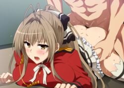 1boy aiguillette all_fours amagi_brilliant_park antenna_hair ass black_skirt bow breast_press breasts brown_eyes brown_hair censored clothed_sex doggy_style female frills hair_between_eyes hair_intakes hairbow hera_(hara0742) highres jacket large_breasts long_hair military_jacket mosaic_censoring open_mouth ponytail pussy_juice red_jacket sento_isuzu sex sidelocks skirt solo_focus straight sweat white_legwear