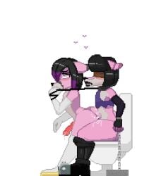 anal anal_sex animated anthro armwear black_hair blindfold bodily_fluids boots canid canine chained chains clothing collar crop_top cum digital_media_(artwork) doggie_bones dominant_submissive duo elbow_gloves femboy fingerless_gloves footwear fox genital_fluids gloves hair handwear happy_heart_panic heart_symbol knee_highs leash legwear low_res male male/male mammal multicolored_hair penetration pink_body pixel_(artwork) pixel_animation power_bottom questionable_consent restrained sex shirt short_hair short_playtime sitting sitting_sex toilet topwear transparent_background whispy white_clothing white_gloves white_handwear