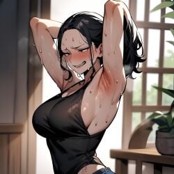 1girls ai_generated armpits arms_behind_back arms_behind_head arms_up female female_only nico_robin one_piece post-timeskip seductive seductive_look seductive_smile sweat sweating sweaty withoutgod