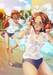 2girls areolae atlus breasts brown_hair female female_only glasses hair haru_okumura long_hair megami_tensei multiple_girls nipples no_bra one_eye_closed orange_hair persona persona_5 sakura_futaba see-through shirt tetisuka tongue tongue_out video_games water water_balloon water_fight wet wet_clothes