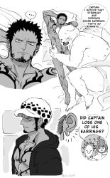 absurd_res anthro bear bepo_(one_piece) clothing comic cuddling duo ear_piercing ear_ring english_text genitals hat headgear headwear hi_res human male male/male male_only mammal nekokat42 nude one_piece pawpads penis piercing polar_bear pubes ring_piercing text trafalgar_law ursine