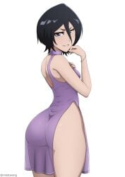 1girls ass ass_focus black_hair bleach blush booty bottom_heavy breasts clothing dress female female_only huge_ass kuchiki_rukia looking_at_viewer looking_back mistowing petite short_hair shortstack simple_background slit_dress small_breasts smug solo watermark white_background