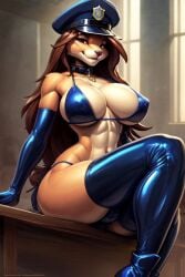 ai_generated anthro arm_gloves bikini breasts bulge collar feline furry futanari latex long_hair police_hat rndacct sitting thighhighs