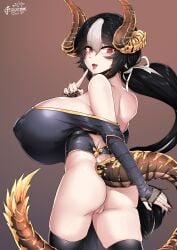 absurd_res animal_humanoid ass big_breasts black_clothing black_hair black_legwear black_thigh_highs bottomless breasts brown_tail censored censored_genitalia censored_pussy clothed clothing digital_media_(artwork) dragon dragon_humanoid female genitals hair hi_res horn horned_humanoid huge_breasts humanoid legwear light_body light_skin mammal mosaic_censorship multicolored_hair mythological_creature mythological_scalie mythology nipple_outline pussy rarityussr red_eyes scalie solo tail thigh_highs white_hair