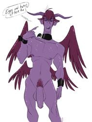 4_wings azazel_(slb) balls bracelet collar demon dialogue english_text facial_piercing feathered_wings feathers hair hi_res horn humanoid jewelry lip_piercing lip_ring looking_at_viewer male male_only multi_wing orange_sclera original original_character penis piercing pointy_ears pubes purple_hair purple_skin signature simple_background slb solo speech_bubble text white_background wings