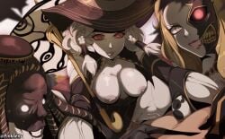 1boy 3girls absurdres agrat_bat_mahlat_(megami_tensei) big_breasts black_hat blonde_hair breasts censored colored_sclera colored_skin cowgirl_position demon demon_girl dress eisheth_zenunim_(megami_tensei) eyelashes female foursome grey_hair hat highres holding holding_umbrella human joints large_breasts male megami_tensei mosaic_censoring multiple_girls naamah_(megami_tensei) orphen_(pink_seito) pale-skinned_female pale_skin penis pinkseito pussy red_eyes red_sclera sex shin_megami_tensei shin_megami_tensei_v shin_megami_tensei_v:_vengeance single_mechanical_eye smile straddling straight sweat umbrella vaginal_penetration white_hair white_skin witch_hat