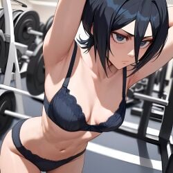 1girls ai_generated armpits arms_behind_back arms_up bleach bra breasts cleavage female female_only full_body gym gym_uniform kuchiki_rukia light_skin seductive small_breasts withoutgod