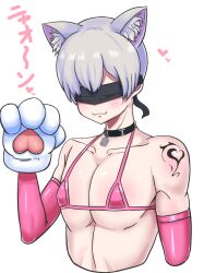 1boy animal_ears blindfold cat_boy cat_ears catboy crossdressing femboy light-skinned_male light_skin mahiron_269 male male_focus male_only nier nier:_automata short_hair solo trap white_background white_hair yorha_9s
