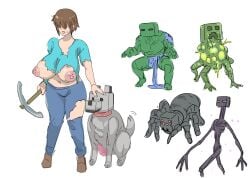 big_breasts canine female human_female kandenki mature_female minecraft minecraft_mob mob monster pickaxe stella_(femsteve) tagme torn_clothes wide_hips