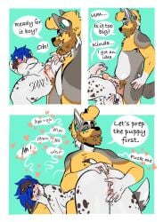 3_panel_comic angelbite_piercing anthro areola ass balls beard bedroom_eyes billie_boy_(sparkibarki) black_spots blonde_hair blue_hair breasts brown_body brown_fur canid canine canis closed_eyes dalmatian dandy_doo_(sparkibarki) dialogue domestic_dog duo ear_piercing english_text erection facial_hair facial_piercing fangs finger_fuck fingering fur gauged_ear genitals green_background grey_body grey_fur hair half-closed_eyes heart_symbol hi_res humanoid_genitalia humanoid_penis humanoid_pussy lip_piercing male male/male male_with_breasts mammal markings multicolored_body multicolored_fur narrowed_eyes nipples nude open_mouth open_smile penetration penis piercing pink_areola pink_nipples pink_sclera pussy seductive simple_background slightly_chubby slightly_chubby_anthro slightly_chubby_male smile smirk smug smug_face smug_grin snakebite_piercing sound_effects sparkibarki speech_bubble spots spotted_body spotted_fur spotted_markings stud_piercing teeth text trans_(lore) trans_man_(lore) two_tone_body two_tone_fur vaginal_penetration white_body white_fur wide_eyed wolf yellow_body yellow_fur