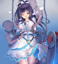 3boys black_hair blue_background blue_eyes blush bondage bound breasts chains cowboy_shot cure_white defeat dress earrings faceless faceless_male female female_focus futari_wa_precure grabbing grabbing_another's_breast gradient_background heart heart_earrings high_ponytail highres jewelry large_breasts long_hair magical_girl molestation monikano multiple_boys one_eye_closed precure pussy_juice restrained sweat white_dress yukishiro_honoka