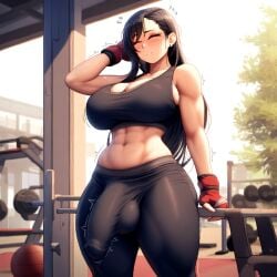 1futa abs ai_generated ball_bulge balls balls_under_clothes black_hair blush breasts bulge_through_clothing cameltail closed_eyes final_fantasy final_fantasy_vii flaccid fully_clothed futa_only futanari gym gym_uniform huge_breasts large_penis muscular_futanari penis penis_bulge penis_under_clothes solo_futa throbbing_penis tifa_lockhart