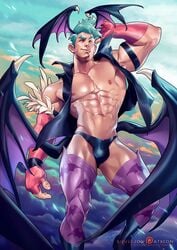 1boy abs blue_hair bulge clothing crossdressing darkstalkers gender_transformation genderswap_(ftm) male male_only manly_crossdresser morrigan_aensland muscle muscular muscular_male pinup rule_63 silverjow six_pack solo stockings underwear video_games wings