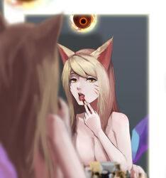 ahri alternate_costume bent_over blonde_hair breasts female female_only k/da_ahri k/da_series league_of_legends lipstick looking_at_viewer makeup mirror naked red_lipstick reflection whiskers yellow_eyes