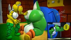 2021 3d_(artwork) absurd_res anthro ass balls big_balls big_butt blue_pipe blush brick clothing coin digital_media_(artwork) duo footwear genitals green_body green_clothing green_footwear green_koopa_troopa green_legwear green_shoes green_skin green_stockings green_yoshi hand_on_butt hand_on_penis hi_res koopa koopa_troopa legwear looking_at_partner's_butt male male/male mario_(series) masturbation multiple_angles nintendo outdoors paratroopa pecs penis pipes scalie shell shirt shoes stockings stuck_in_pipe supeario super_mario_bros. tail teeth_showing text thick_thighs through_wall tongue tongue_out topwear white_body white_clothing white_shirt white_skin white_topwear wings yellow_body yellow_skin yoshi