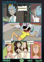 2boys 3girls clothing comic comic_page electronics english_text female human male mop_goblin morty_smith nancy_(rick_and_morty) page_90 page_number pale_skin penis rick_and_morty rick_sanchez showering sketchtoons summer_smith tricia_lange vr_headset