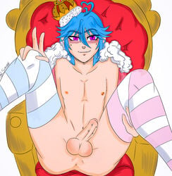 blue_hair crown femboy king nipple_piercing nude penis penis_piercing piercing piercings purple_eyes smile suibian suibian_lu yaoi