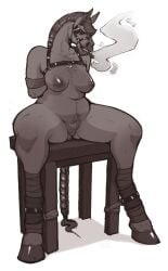anthro blinders bound braided_tail breasts chair cigar cigar_in_mouth equid equine eyewear female furniture greyscale harness hi_res hooves horse legs_tied mammal mane monochrome object_in_mouth on_chair pubes seraphictiger sitting sitting_on_chair slightly_chubby slightly_chubby_female smoking smoking_cigar solo tail teet