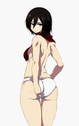 1girls ass attack_on_titan black_eyes black_hair dat_ass eyelashes female female_only grey_eyes kaname_nagi looking_at_viewer medium_breasts medium_hair mikasa_ackerman pale_skin panties presenting_ass scar seductive_eyes shingeki_no_kyojin slim solo