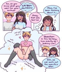1boy 1boy1girl 1girls blonde_hair brown_hair cat_ears catboy comic cum_leaking_out_of_anus dialogue english_text erection excited fantasizing female heart kneehighs leaking_cum male male/female partially_clothed paws presenting_anus question_mark socks sparkles spread_legs straight thinking thought_bubble thumbs_up tongue_out welcome_to_heaven wink
