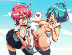 balak balls blue_hair breasts censored female futanari glasses gloves intersex mosaic_censoring panties panties_pull penis pink_hair pubic_hair thighhighs underwear