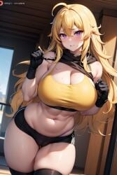 1girls ai_generated big_breasts blodne_hair cleavage purple_eyes sports_bra yang_xiao_long