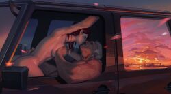 1boy age_difference ass breasts car cross cross_necklace female grabbing grabbing_another's_breast highres jewelry kissing large_breasts lynazf medium_hair motor_vehicle muscular muscular_male necklace original public_indecency public_nudity reflection sex sunset tattoo